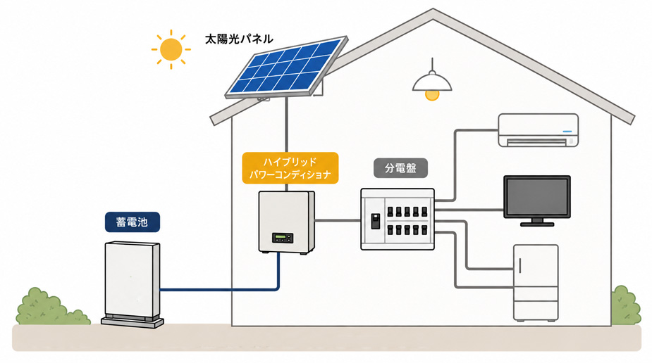 ハイブリッド型の連携イメージ。太陽光発電と蓄電池がハイブリッドパワーコンディショナで一元管理されている図