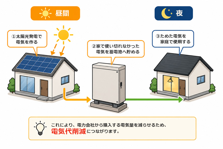 昼間は太陽光発電で電気を作り蓄電池へ貯め、夜はためた電気を家庭で使う仕組みの図解