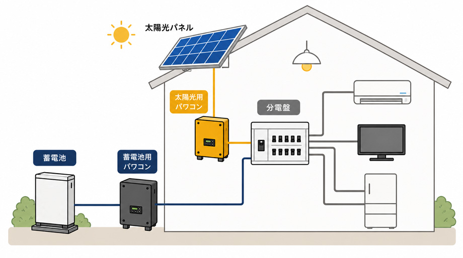 単機能型の連携イメージ。太陽光用パワコンと蓄電池用パワコンがそれぞれ分電盤へ接続されている図