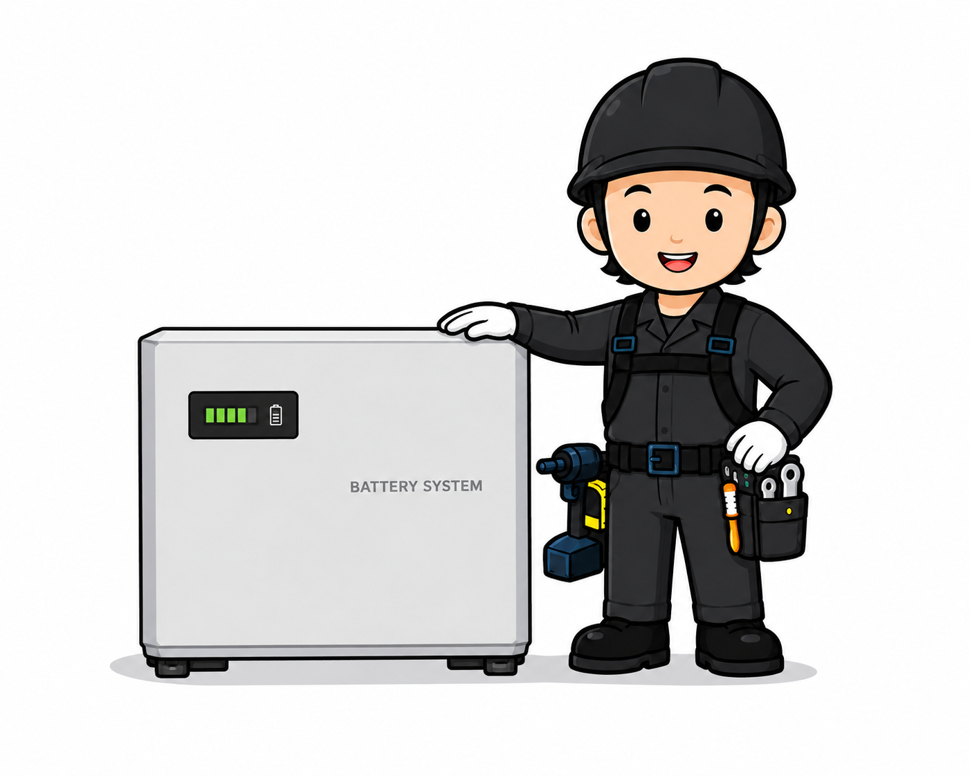 蓄電池の設置を案内するスタッフのイラスト